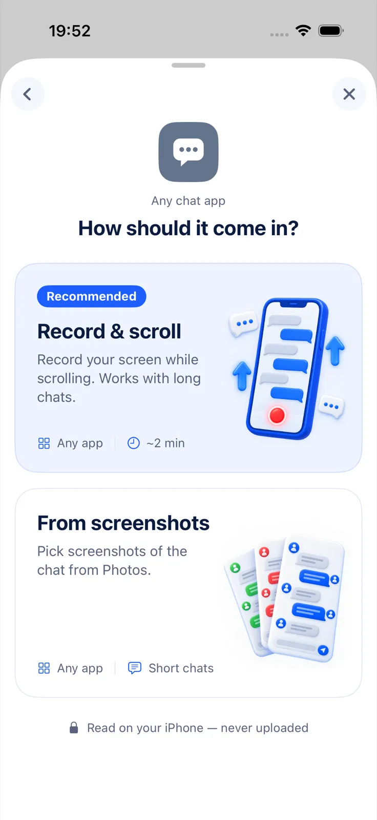 Exportly’s import options for any chat app: Record & scroll for long chats, From screenshots for short ones