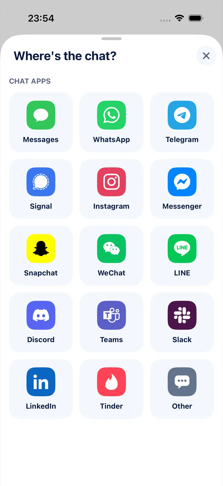 Tela do Exportly com a escolha do app onde está a conversa