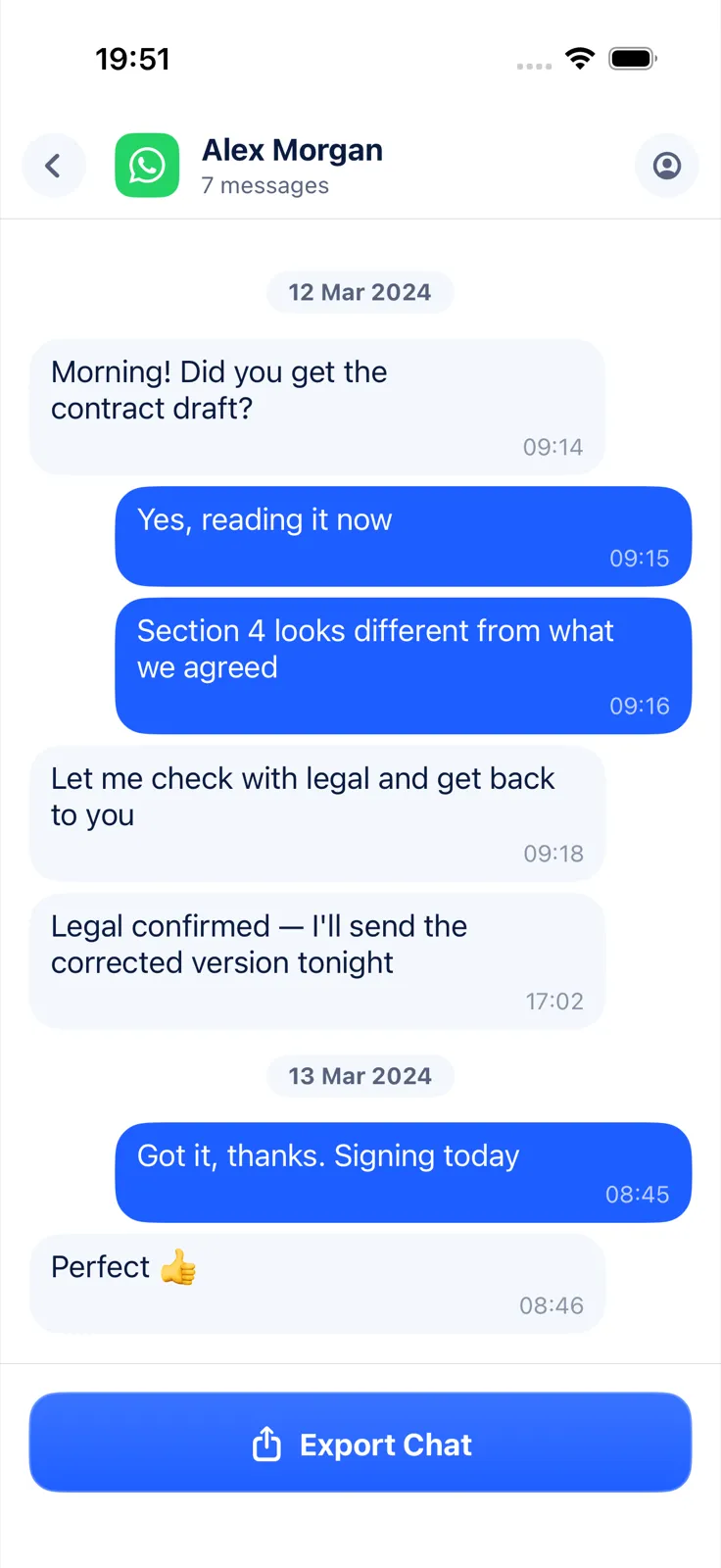 Anteprima di una chat importata in Exportly, con i fumetti dei messaggi