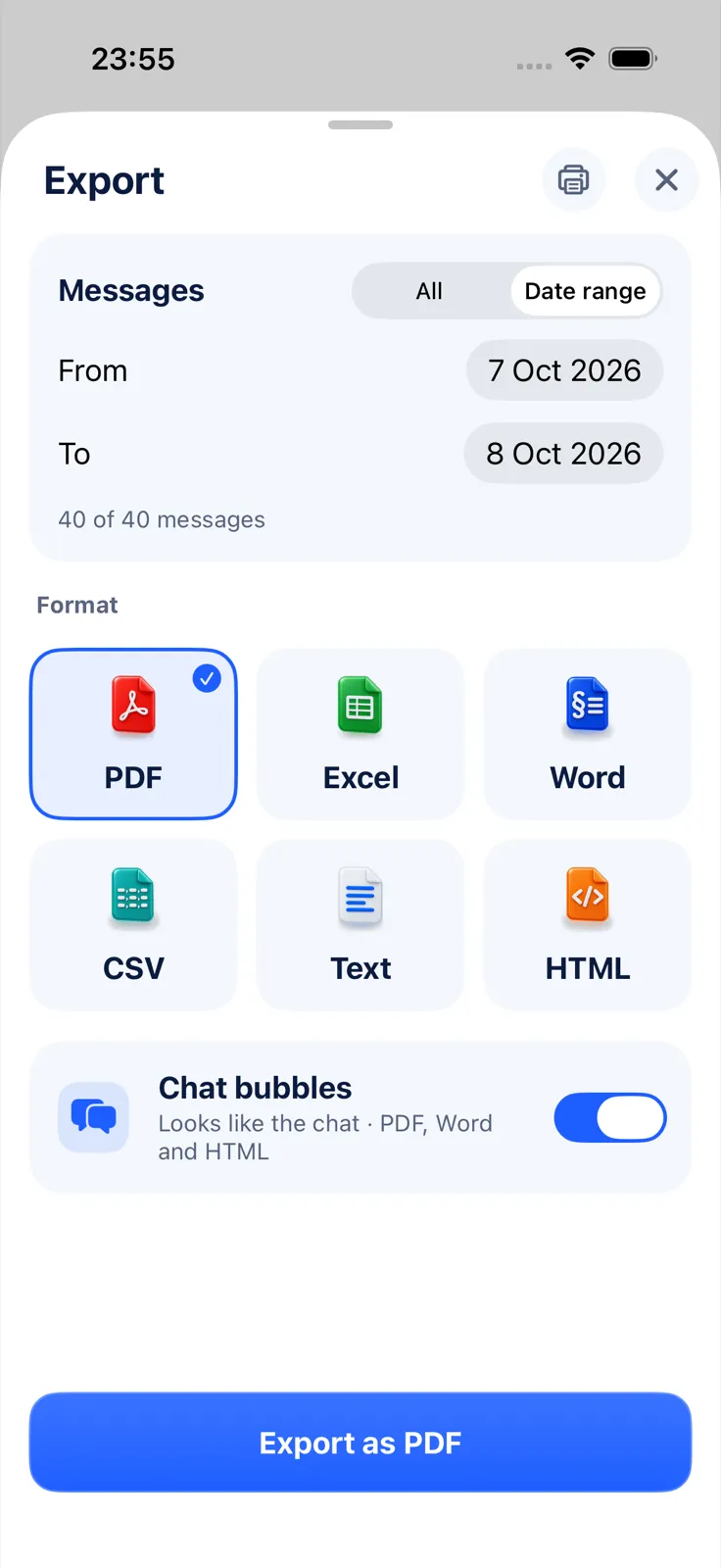 Exportly’s Export sheet with Date range selected and From and To dates