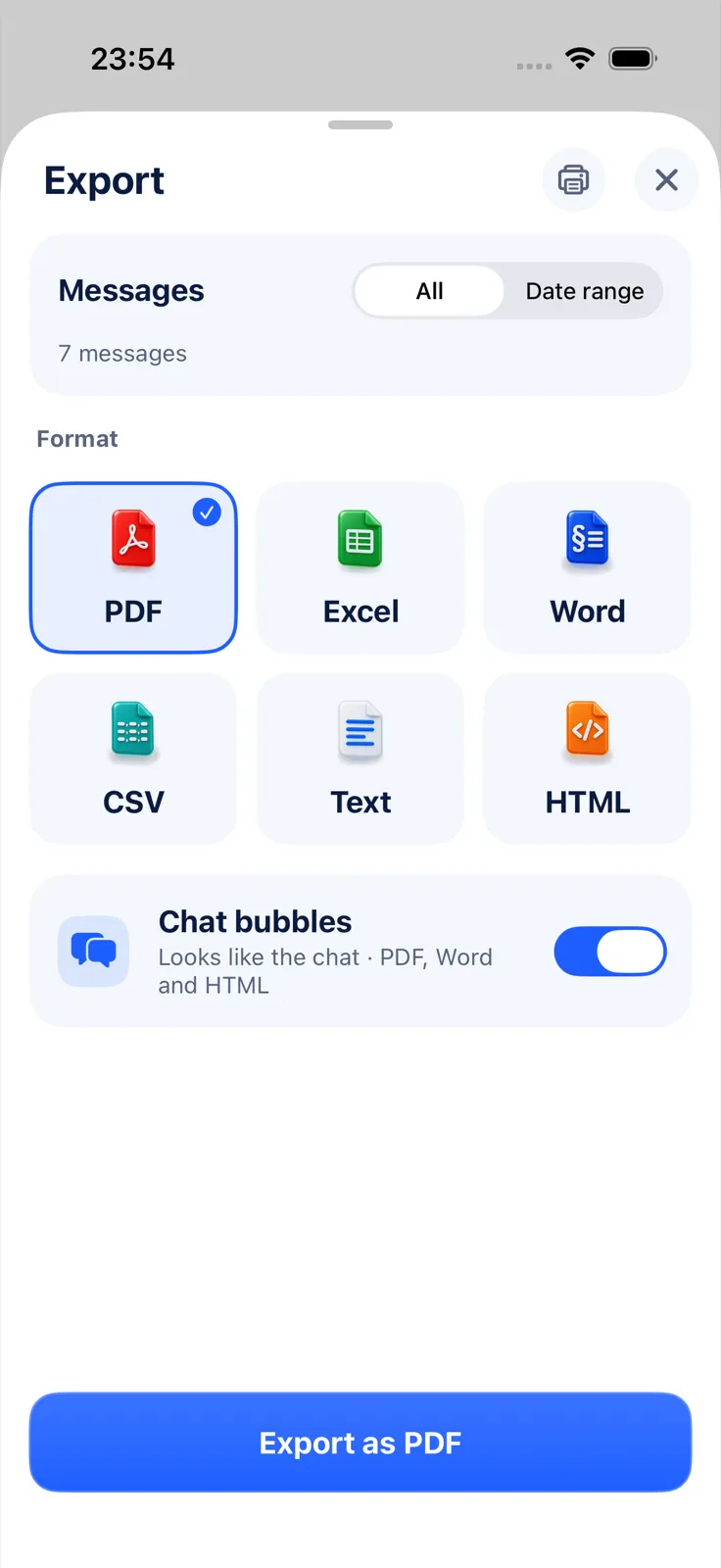 Exportly’s Export sheet with PDF, Excel, Word, CSV, Text and HTML formats