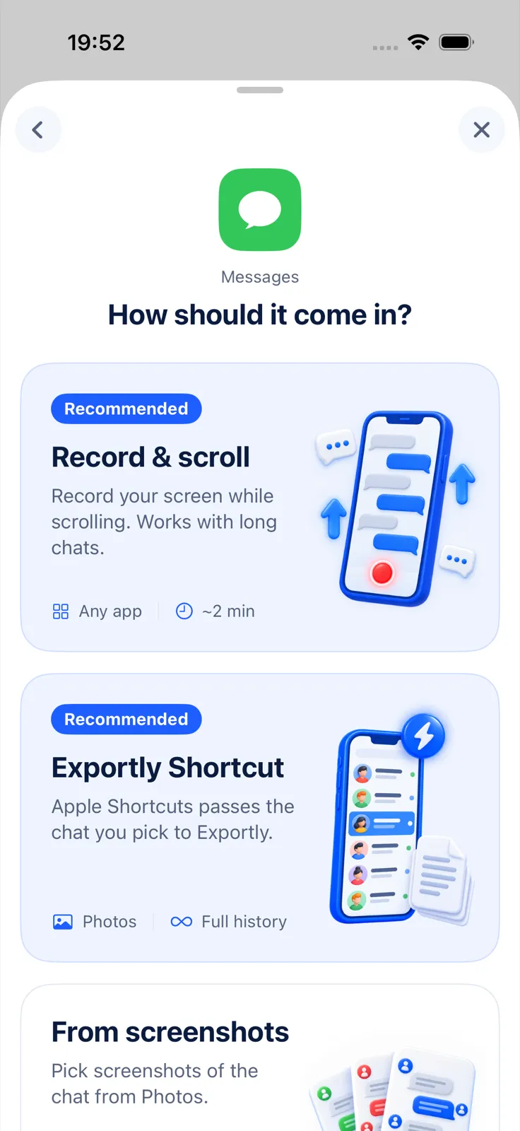Méthodes d’import Exportly proposées pour l’app Messages