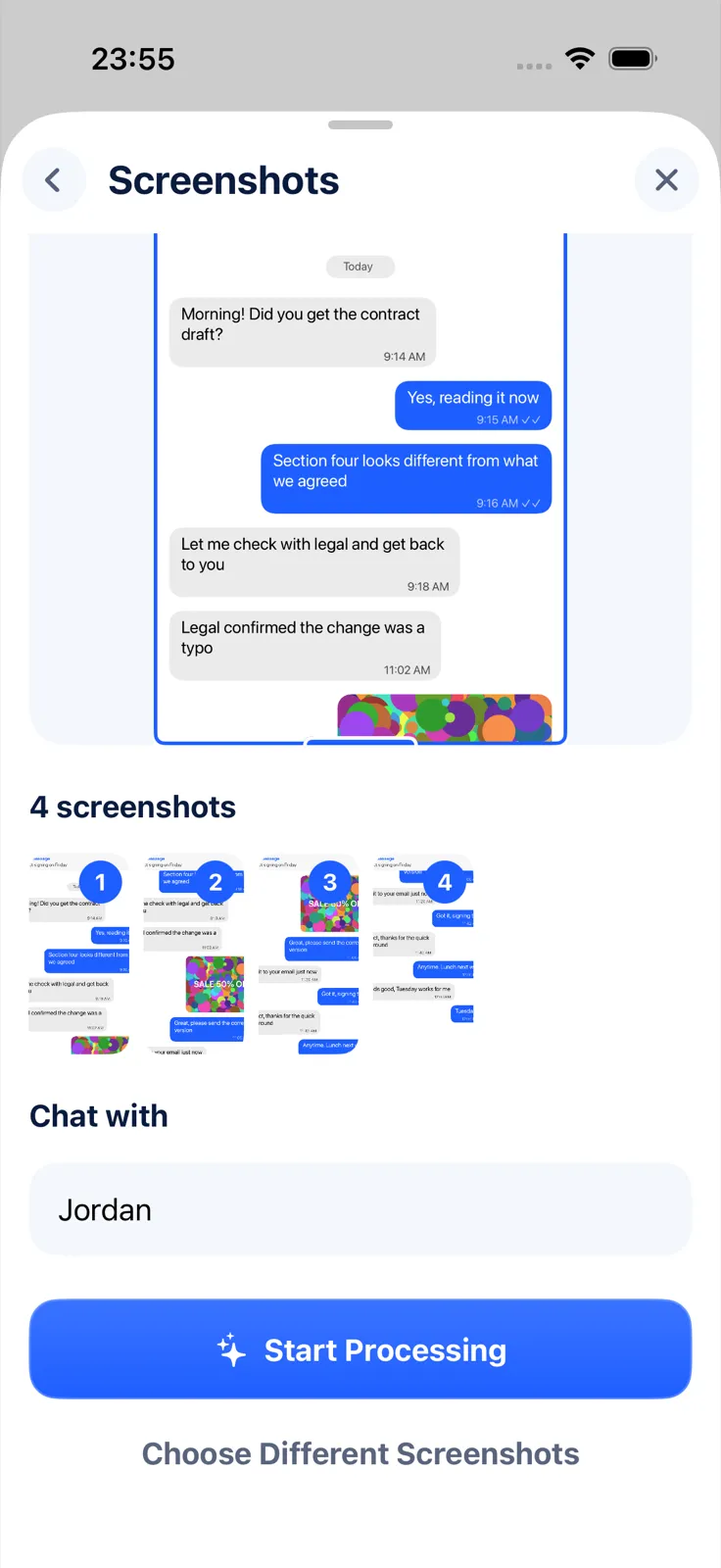 Exportly’s From screenshots screen with four screenshots of a chat ready to process