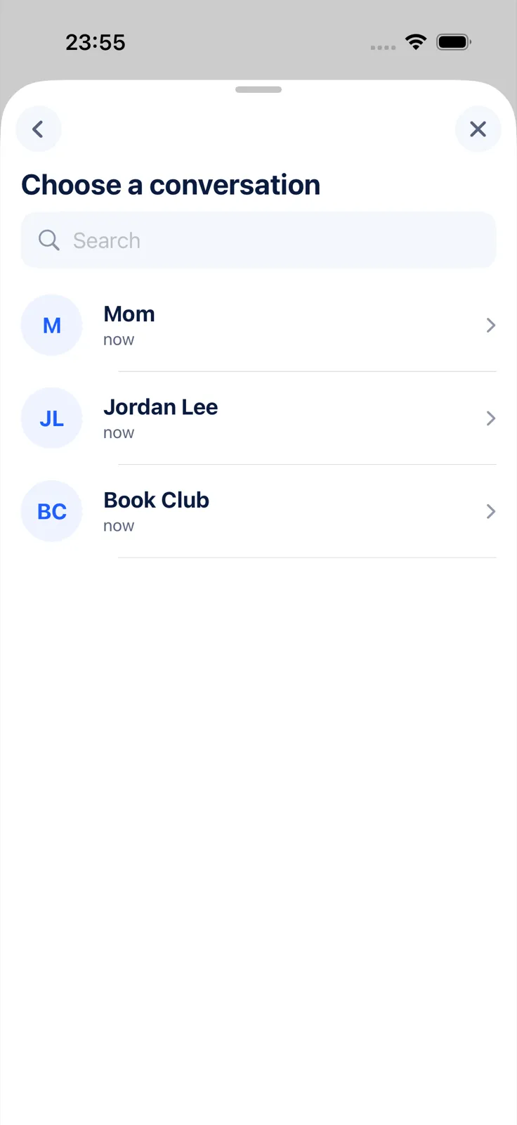 Exportly’s conversation list from the shortcut, with two people and a group called Book Club