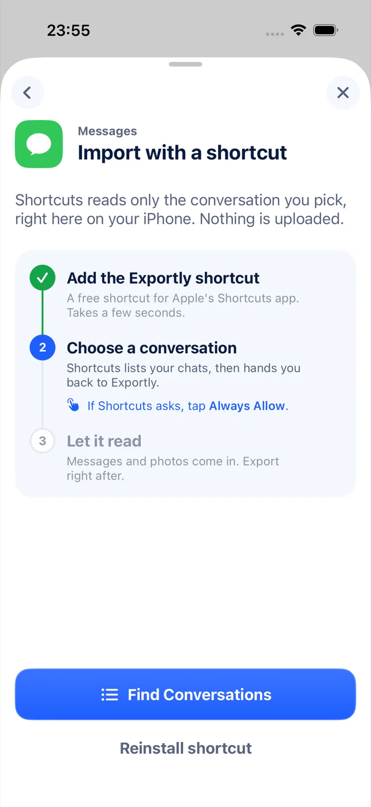 Écran « Import with a shortcut » d’Exportly : ajouter le raccourci, choisir une conversation, toucher Always Allow