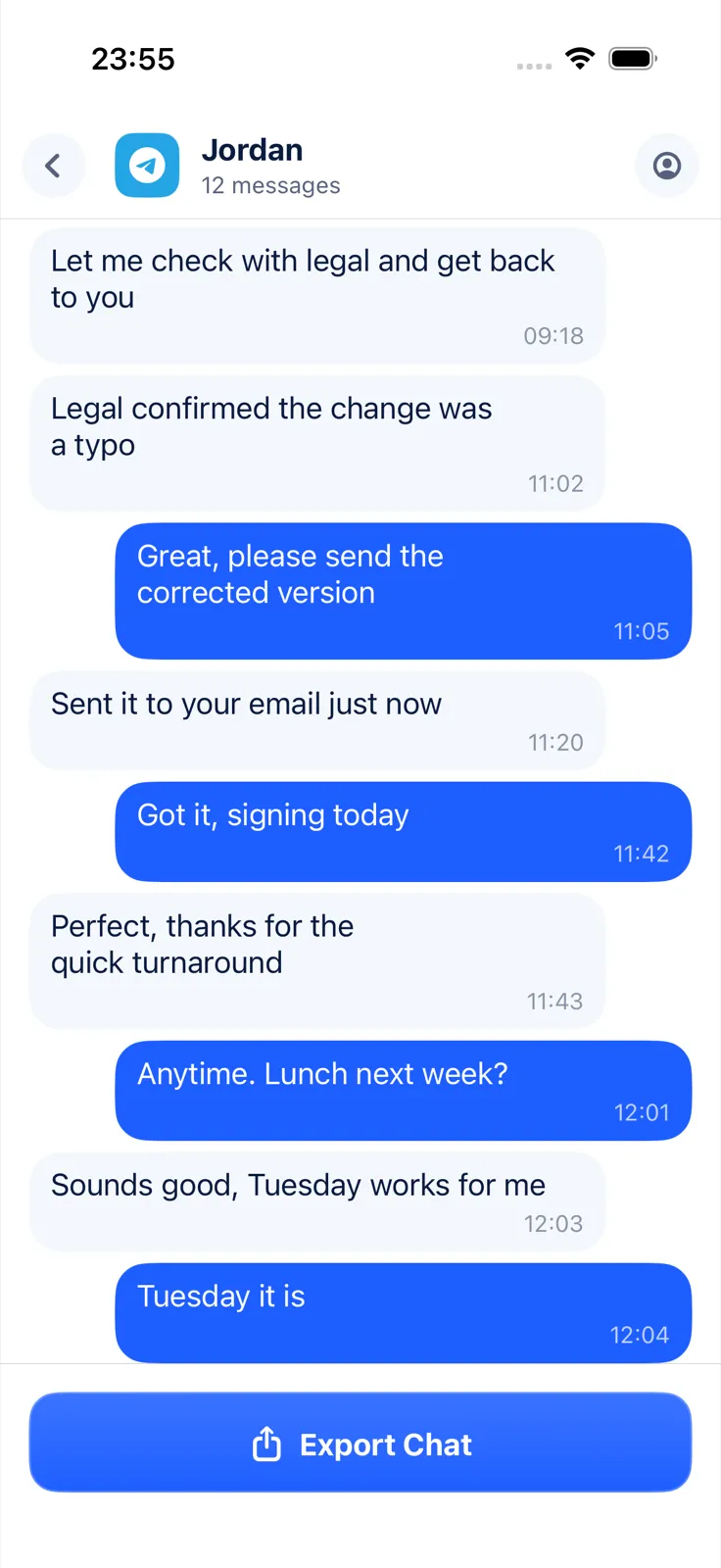 A Telegram chat read from a recording, shown in Exportly as chat bubbles with times