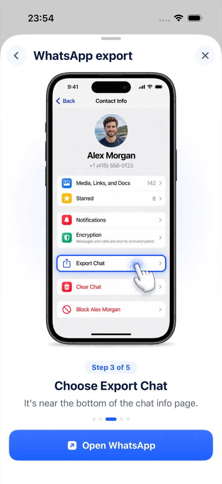 Guía de Exportly que muestra dónde está la opción Exportar chat en WhatsApp