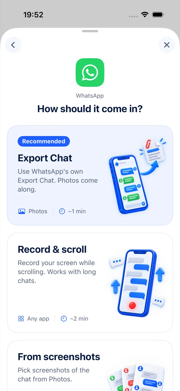 Tela do Exportly com os métodos para importar uma conversa do WhatsApp